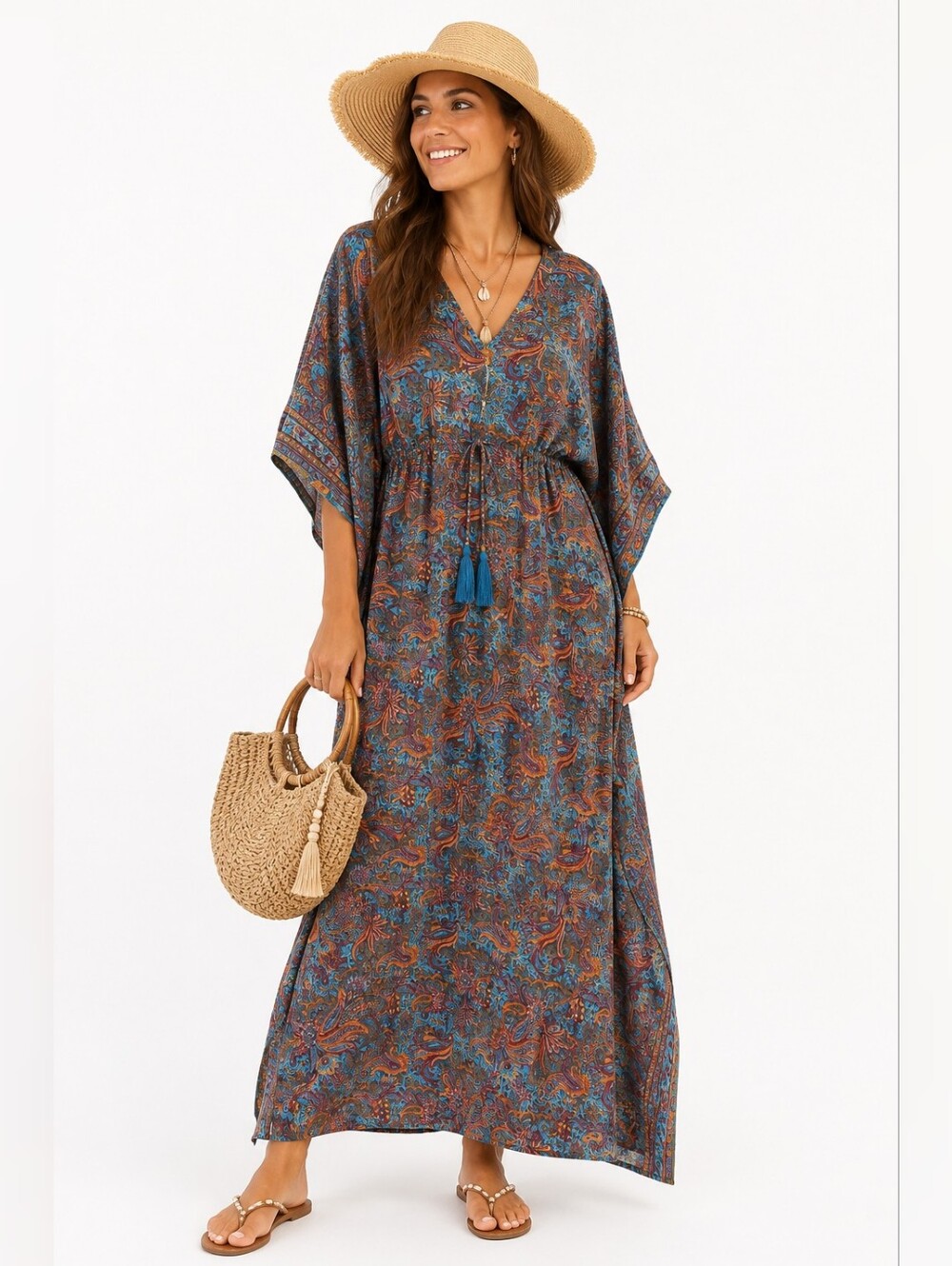 Caftan Kaftan Long Maxi Boho Gypsy Cover up MUUMUU Women's One Size Blue Paisley